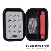 Geopend opbergetui met de Liroma Portable Prime, kabel en standaard, plus 60 dagen op proef