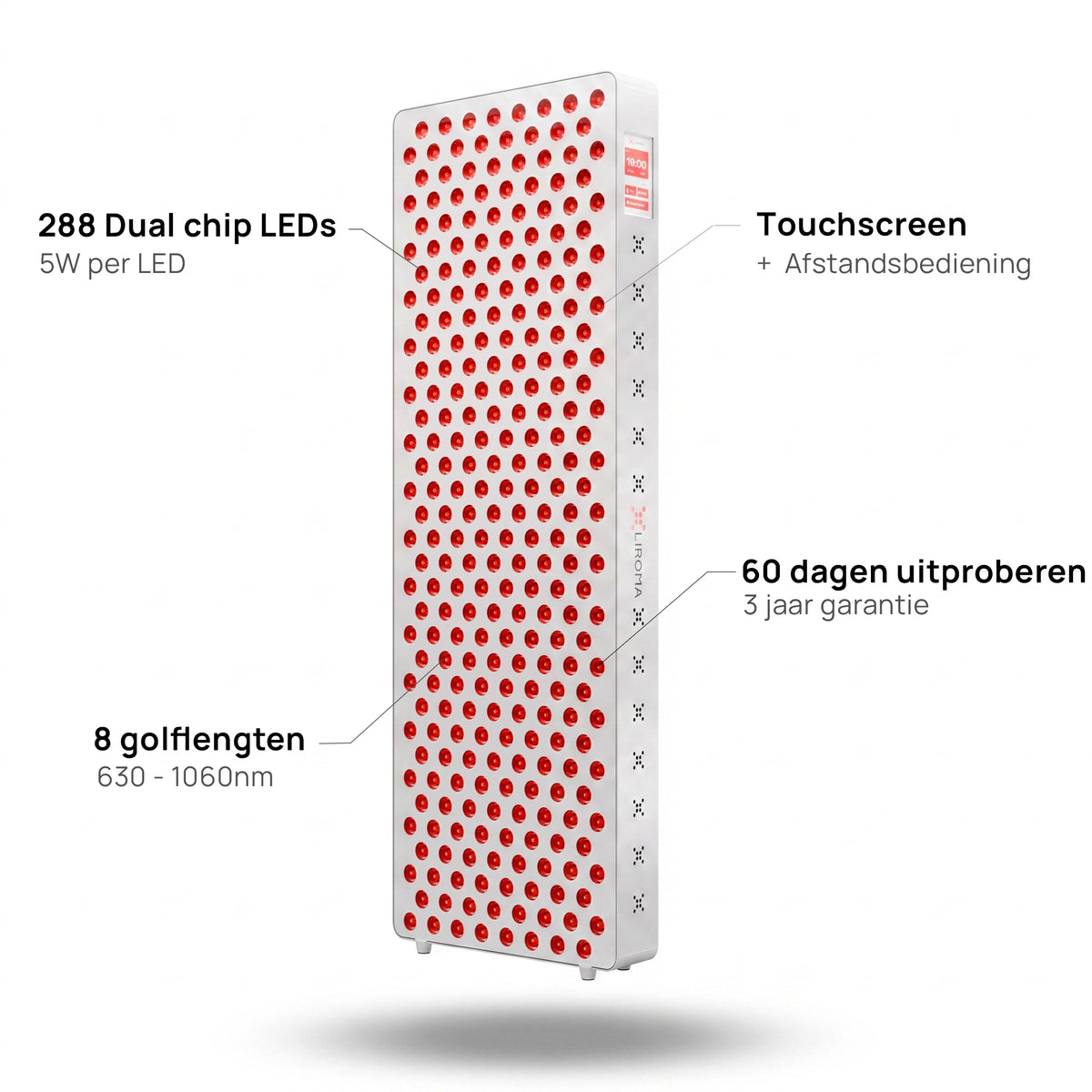 Specificaties van het Liroma Elite Gen5 paneel: aantal leds, golflengten en bediening