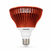 Zijaanzicht van de Liroma PrimeSpot roodlichtlamp met koelribben en E27-schroeffitting